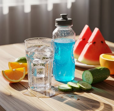 A glass of water next to an electrolyte drink and fruits like watermelon, illustrating the different