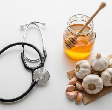 Garlic cloves and a jar of honey next to a list of parasite symptoms, illustrating the balanced appr