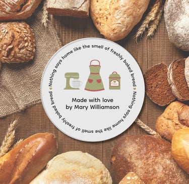 Sample label on table of mixed breads, intended for bags of home baked bread.