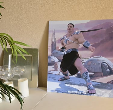 sci-fi cosplay commercial art print shown in context placed on a table against a wall