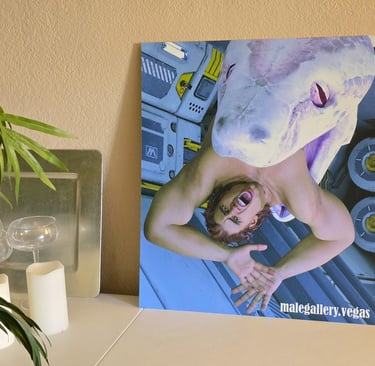 horror sci-fi original art print shown in context placed on a table against a wall