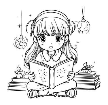 a girl reading a book while sitting on a stack of books