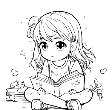 a girl reading a book while sitting on a pile of books