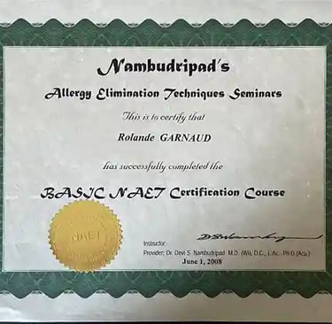 Certificat de formation NAET de Rolande Garnaud en techniques d'élimination des allergies