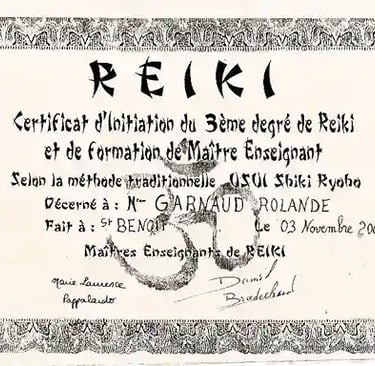 Diplôme de 3 ème degré de Reiki Usui de Rolande Garnaud