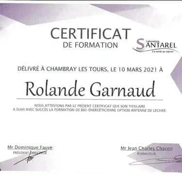 Certificat de formation de Rolande Garnaud Bio-Energéticienne option antenne de Lecher