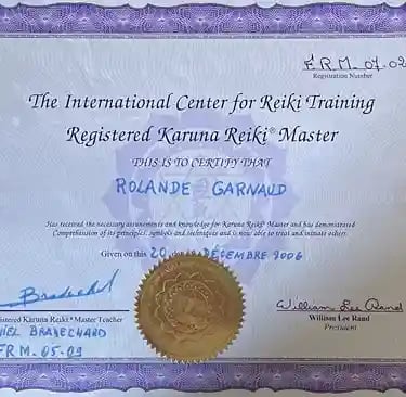 Diplôme de Master en Reiki Karuna de Rolande Garnaud