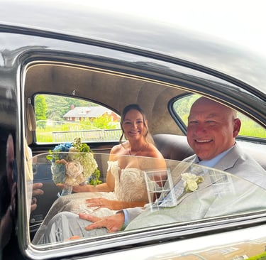 Bride and Father of the Bride rides to the chapel are unique at Felt Mansion