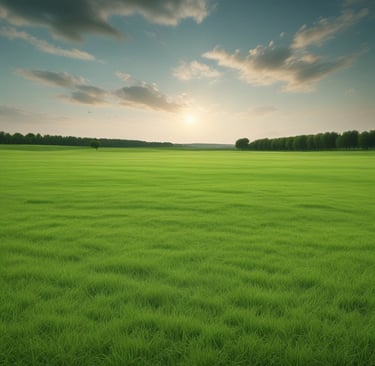 A well-maintained lawn area with green artificial grass is shown. There are steps covered with the same grass leading up to a building with a brick facade, which has several rectangular flower pots arranged on vertical racks attached to the wall. These pots contain red and pink flowers. To the left, there is a small tree and to the far left, parked cars are visible next to a concrete path.
