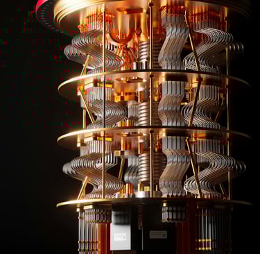 Quantum computer chip inside cryogenic chamber with glowing circuits, representing advancements.