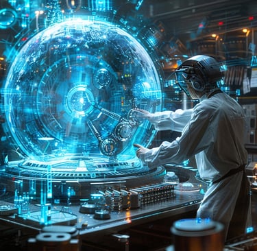 Scientist operating quantum computer generating a glowing time portal with energy particles.
