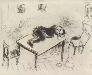Almas Mortas - Um cochilo espartano, (Tchitchikov dormia no escritório). Por: Marc CHAGALL