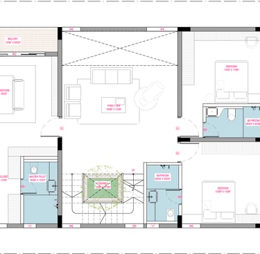 East facing Fortune Hestia villa first floor plan showcasing bedrooms, attached balconies