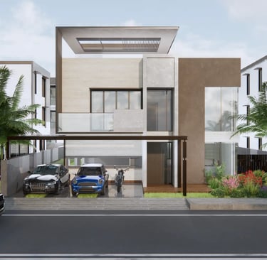Street view of stylish greek model villas