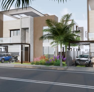 Fortune Hestia premium villas with rooftop pergolas, tropical greenery, and private parking