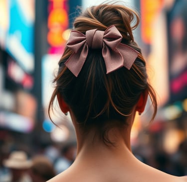 messy top knot with mauve bow for casual city style
