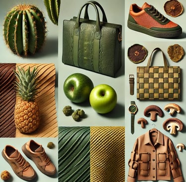 A collage showcasing different types of plant-based leather, including cactus leather, apple leather, pineapple leather, and