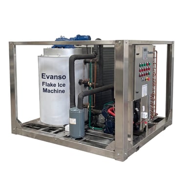 Industrial Evanso flake ice machine with stainless steel frame and control panel for commercial cooling.