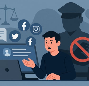 sujeto revisando redes sociales y mensajes, mientras la policía lo vigila por detrás