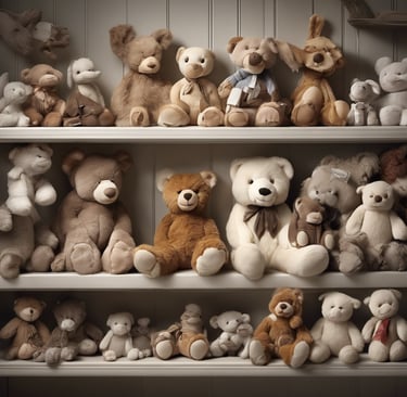 shelf filled with cuddly toys and bear and animal toys
