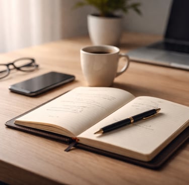 Notebook, pen, and coffee on a desk symbolizing reflection and strategic planning