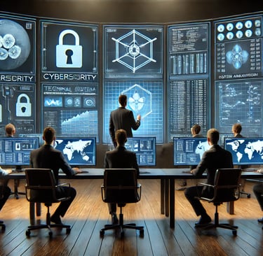A cybersecurity leader balancing technical expertise and leadership in a presentation.