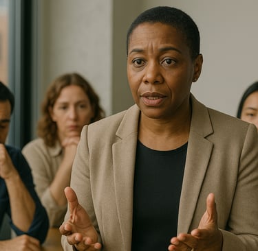 A Black woman leader stands at the head of a conference table, addressing concerns of a diverse team
