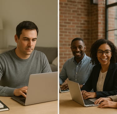 Split image of man working from home and team collaborating in office.