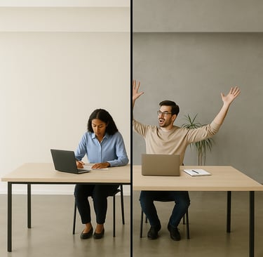Wide split image showing a focused worker and another gesturing for attention.