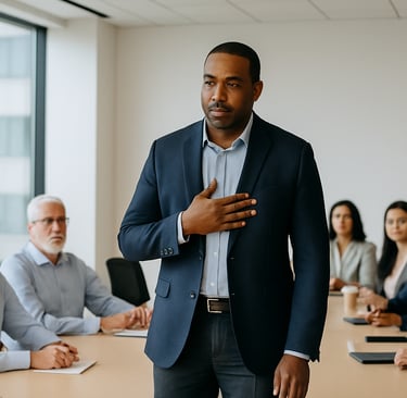 Black leader standing at conference table taking accountability to team.