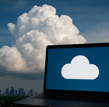 Laptop with cloud icon on screen set against a skyline and massive white clouds.