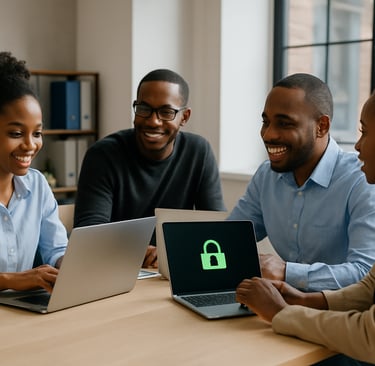 Black professionals collaborating in an office on cybersecurity tasks.