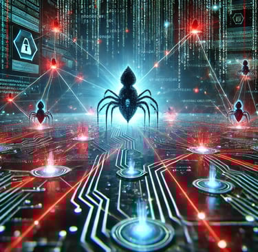 A digital visualization of AI-powered malware infiltrating a network.