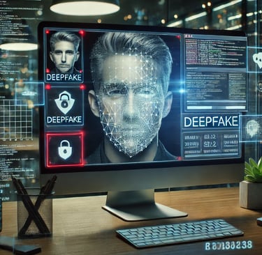 A deepfake video being analyzed with cybersecurity tools on a computer screen.