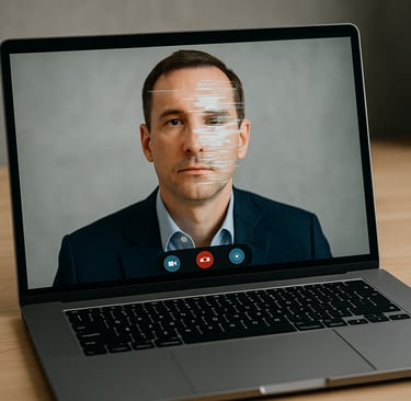 Realistic photo of a laptop showing a glitching video call, symbolizing deepfake deception.