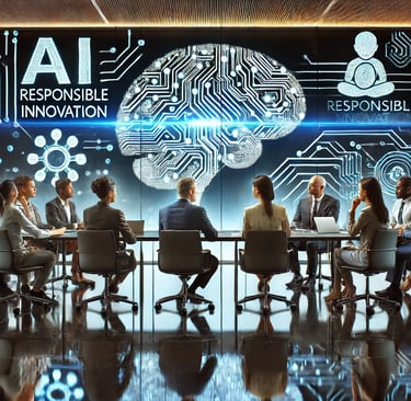 Professionals discussing AI ethics in a boardroom with AI concepts in the background.