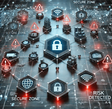 Glowing supply chain network with security icons and red warnings on a futuristic grid background.