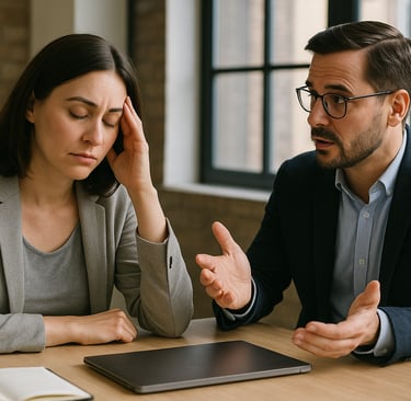 Leader giving feedback while employee looks drained and overwhelmed in office.