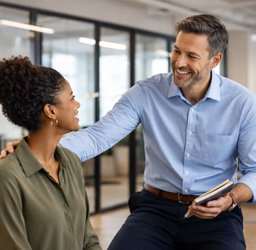 Leader giving clear, professional praise to a staff member during a one-on-one conversation