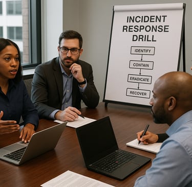 A diverse security team conducts a tabletop incident response drill in a modern office.