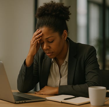 Exhausted Black woman at desk with laptop and coffee.