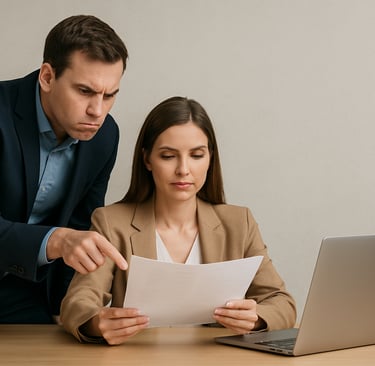 Boss hovering over woman pointing at document, showing workplace micromanagement.