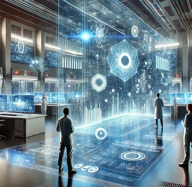 A futuristic lab with quantum computers and holographic screens representing innovation.