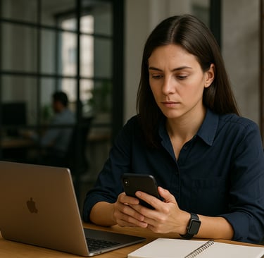 Professional woman using her smartphone beside a work laptop in an office, representing Shadow IT.