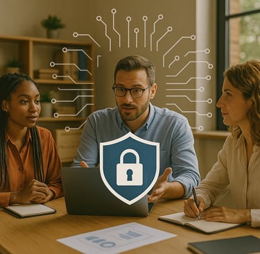 A diverse group of three professionals in a small business meeting discuss cybersecurity strategy. 