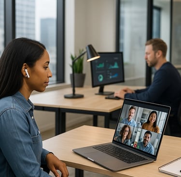 A woman participates in a video conference on her laptop in a modern hybrid office setting.