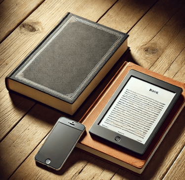 picture of book, e-reader, and iPhone