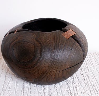 Cherry wood turned bowl. Copper repair. Charred and waxed wooden vessel.