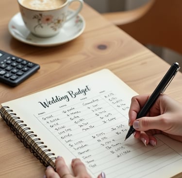 Main féminine écrivant un budget événementiel sur un carnet avec calculatrice