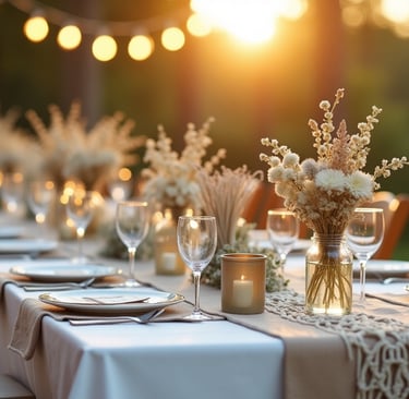 Table de mariage bohème avec guirlandes et objets déco DIY